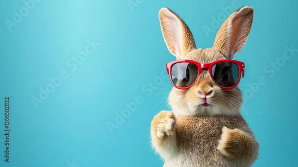 Fototapeta A cool Easter bunny wearing sunglasses and giving a thumbs up, symbolizing fun and joy. Bright and simple tone with a blurred empty background and ample caption space
