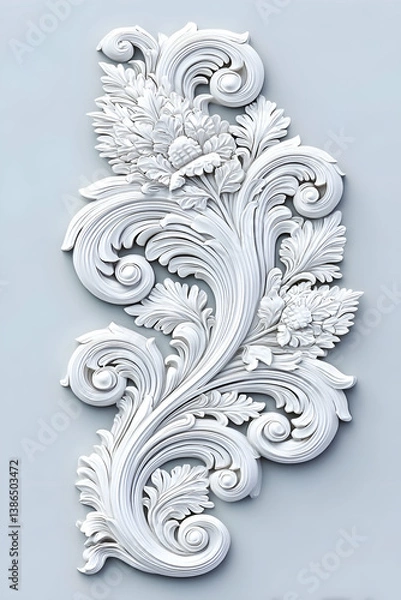 Fototapeta Intricate white floral scrollwork ornament, elegant design element