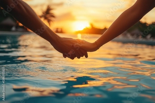 Obraz Couple holds hands in calm pool water during sunset, surrounded by palm trees and serene atmosphere in a tropical paradise