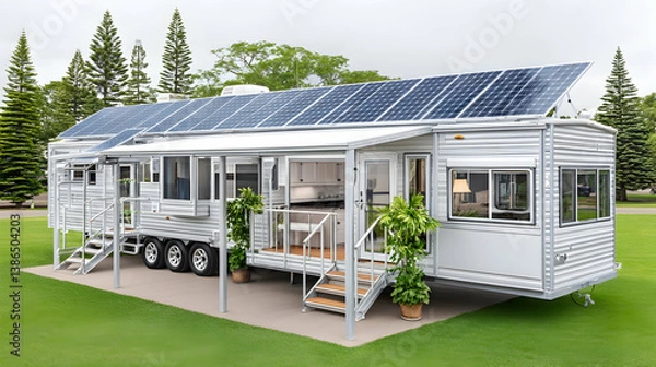 Fototapeta Luxurious off-grid caravan with solar panels, expansive awning, and outdoor steps