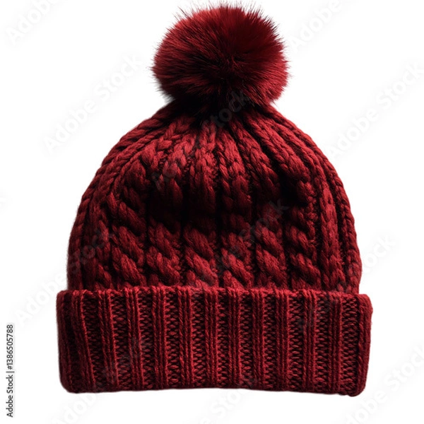Obraz Red Knit Hat with Pom Pom Isolated on Transparent Background