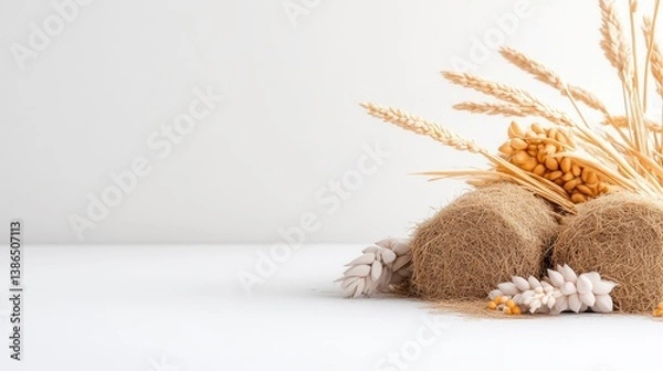 Fototapeta Golden wheat stalks and dried flowers arranged on a white surface, minimalist composition with neutral background, and rustic and natural elements.