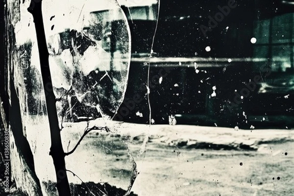 Obraz Abstract view of a cracked glass pane reflecting urban scenery, showcasing a blend of light and shadow, suggesting themes of fragility and urban decay in a bustling city environment