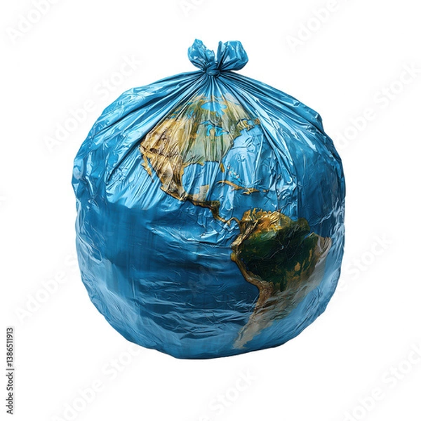 Obraz Earth globe inside a blue plastic trash bag tied with a knot