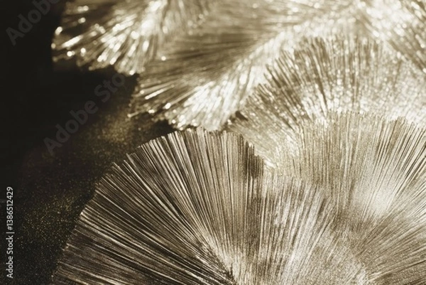 Obraz Close-up view of shimmering golden fan-shaped decorations, showcasing intricate textures and patterns against a dark background, ideal for artistic or design projects