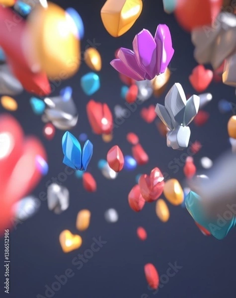 Obraz Colorful 3D abstract representation of floating geometric flowers and shapes, creating a vibrant visual experience against a dark background, ideal for digital art and design projects