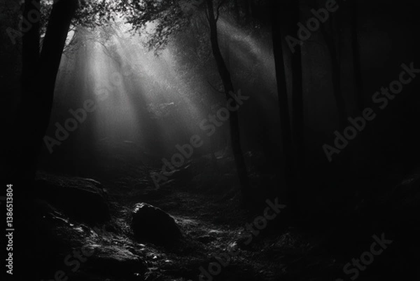Fototapeta Ethereal sunlight pierces through a dense forest, illuminating the misty air and casting shadows on the rocky ground, creating a serene and mystical atmosphere