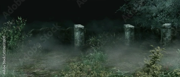 Obraz Eerie fog envelops ancient stone pillars in a mysterious forest at night, surrounded by lush greenery and shadows, creating an atmosphere of intrigue and suspense