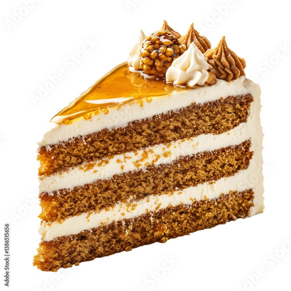 Fototapeta A Slice of Honey Cake with Layers of Spiced Cake Isolated on Transparent Background