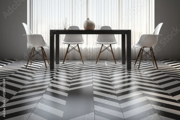Obraz Modern dining room featuring a sleek black table surrounded by white chairs, with a stylish patterned floor and natural light streaming through sheer curtains