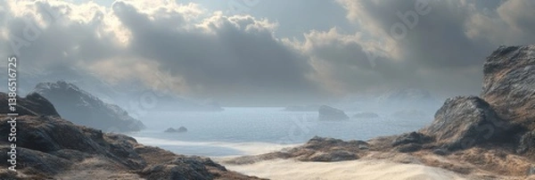 Obraz Serene coastal landscape featuring misty waters, rocky formations, and dramatic clouds, creating a tranquil atmosphere ideal for relaxation and nature appreciation
