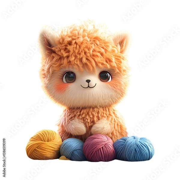 Obraz A Fluffy 3D Cartoon Alpaca with Colorful Yarns Isolated on Transparent Background