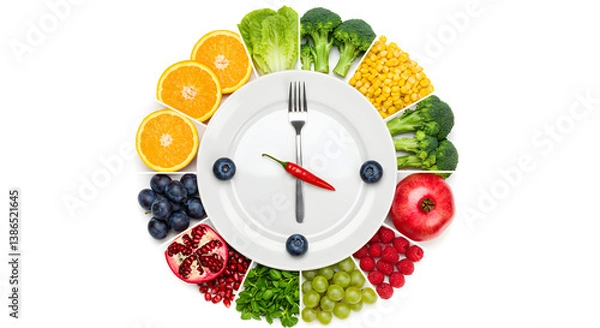 Fototapeta Healthy Food Clock with Sliced Oranges and Fresh Vegetables on a White Plate