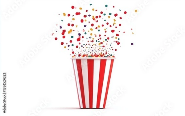 Fototapeta Colorful confetti erupting from a striped popcorn container on a white background