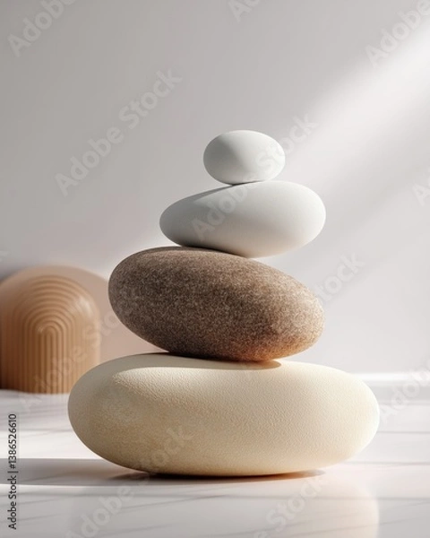 Fototapeta Minimalist 3D pebbles stacked in a serene zen arrangement with soft lighting, beige and white tones, and abstract background elements.