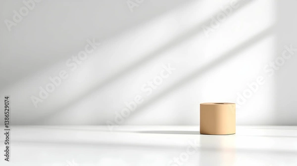 Fototapeta Beige Cylinder on White Minimalist Background with Light and Shadow