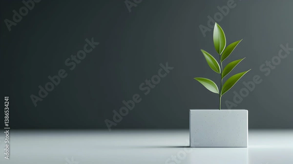 Fototapeta Green Plant Sprout in Minimalist Concrete Pot on Grey Background