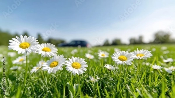 Fototapeta Several daisies with bright yellow centers and white petals bloom in a lush green field. Other daisies and out-of-focus greenery fill the foreground and background. A blurry car is visible in the dis