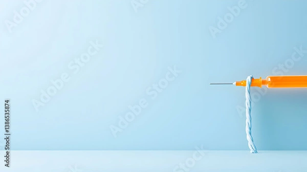 Fototapeta Orange Syringe with a Drooping Chain on Light Blue Background