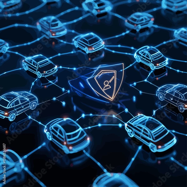 Fototapeta Futuristic Smart Car Network with Security Shield