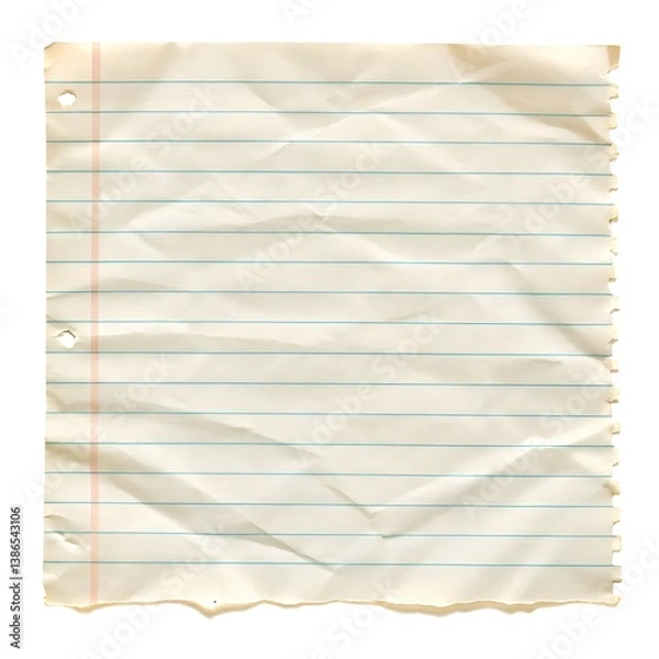 Fototapeta A single crumpled sheet of lined paper with holes on a white background studio shot close up view