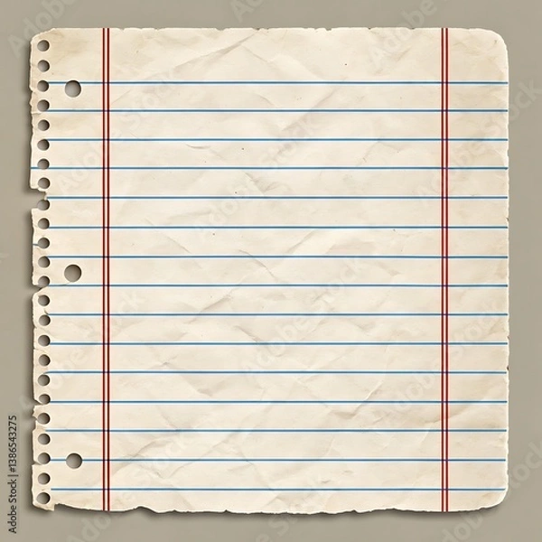 Fototapeta A single sheet of lined notebook paper with torn edges and visible punch holes on the left side