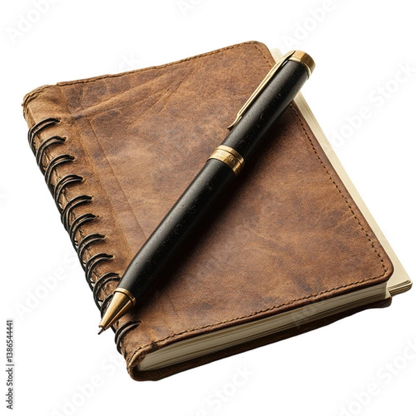 Fototapeta Leather journal and elegant pen ready for writing isolated on transparent background