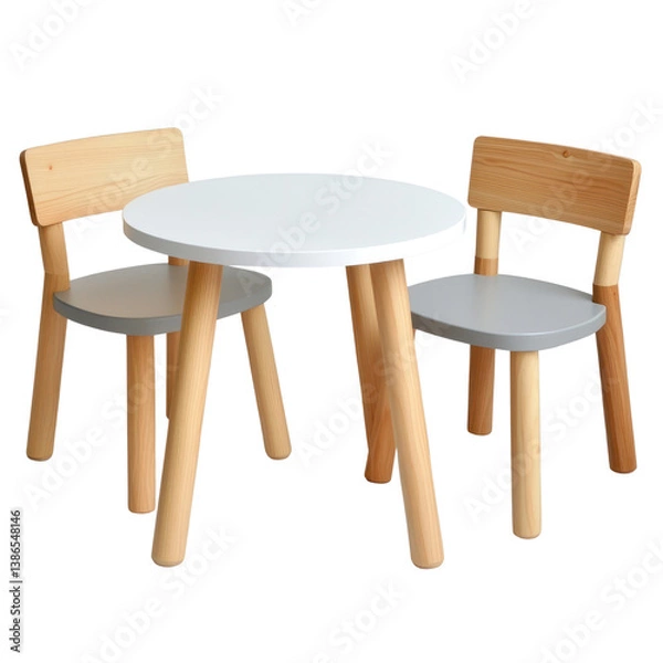 Fototapeta Stylish kids furniture set with cutout background playroom decor wooden table and chairs bright environment