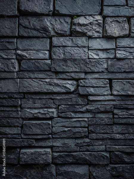 Fototapeta Dark grey stone wall texture with rough, irregular blocks.