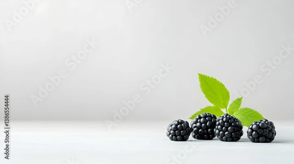 Obraz Closeup of Fresh Blackberries with Green Leaf on White Background
