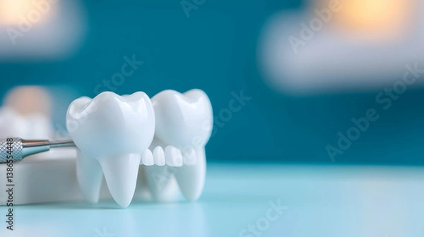Obraz Closeup of White Teeth Model with Dental Instrument on Teal Background