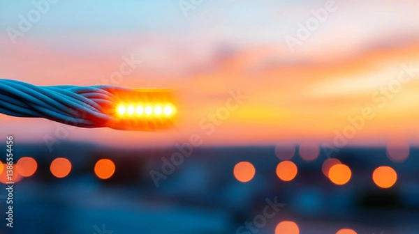 Obraz Closeup of Illuminated Cable at Sunset Over City