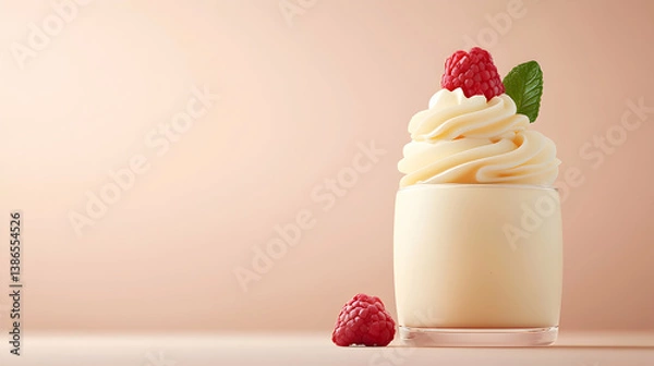 Obraz Creamy Raspberry Dessert in Glass Cup on Peach Background