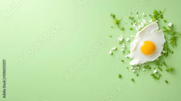 Obraz Fried Egg with Feta and Arugula on Pastel Green Background