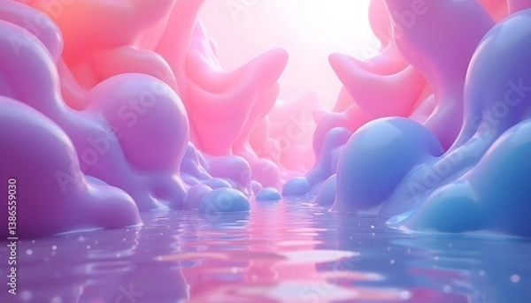 Obraz Three dimensional 3D Fantasy Landscape with Fluid Pink and Blue Shapes