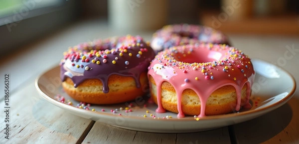Fototapeta Showcase of delicious, colorful donuts with sprinkles on a rustic plate, perfect for food-related projects, blogs, and advertisements.