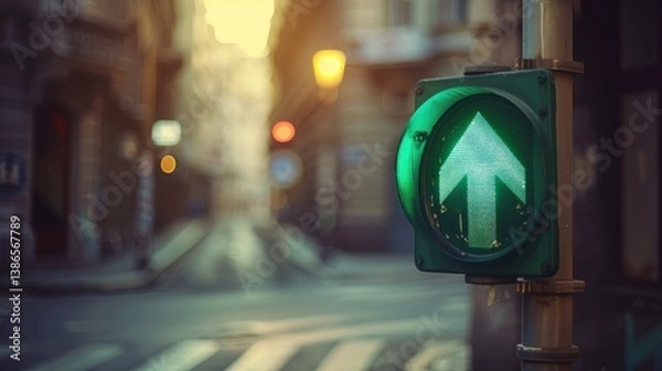 Fototapeta Illuminated Green Traffic Arrow Guiding the Way Forward in Urban Scenery