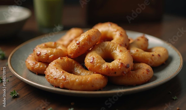 Fototapeta Deliciously golden-brown fried doughnuts arranged on a plate, ideal for food photography, restaurant menus, or culinary blogs.
