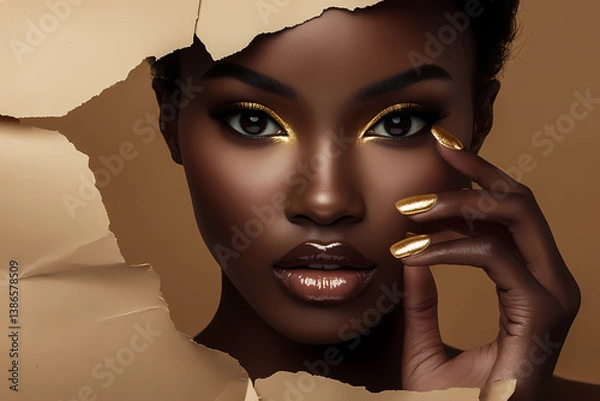 Fototapeta Beauty Revelation: A stunning model with radiant skin and captivating makeup emerges from torn paper, embodying confidence and beauty. A captivating image of empowerment, highlighting inner beauty.
