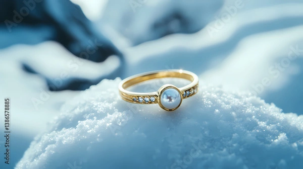 Fototapeta Golden Ring on Snow: A captivating, close-up view of a luxurious golden ring, gracefully set upon a bed of pristine snow, evoking feelings of purity, elegance, and enduring commitment.