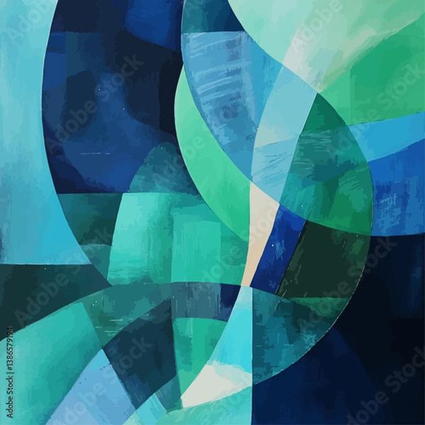 Fototapeta Abstract blue and green geometric painting, textured acrylic on canvas
