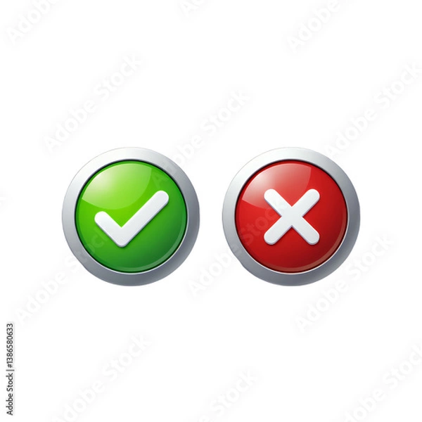 Obraz Green Checkmark & Red X Buttons, Glossy, Transparent Background. Accept, Reject.