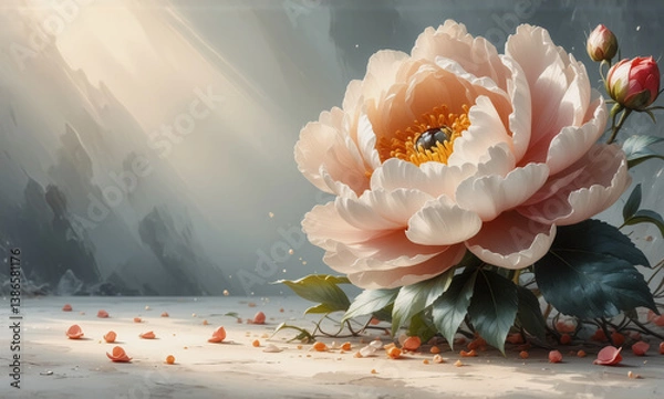 Fototapeta Soft pink peony flower in full bloom, delicate petals softly falling, gentle light and blurred mountain scenery.