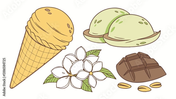 Fototapeta Ice Cream with Various Toppings Vibrant flavors like mango, pistachio, chocolate, and lavender on white background with bright and vector illustration