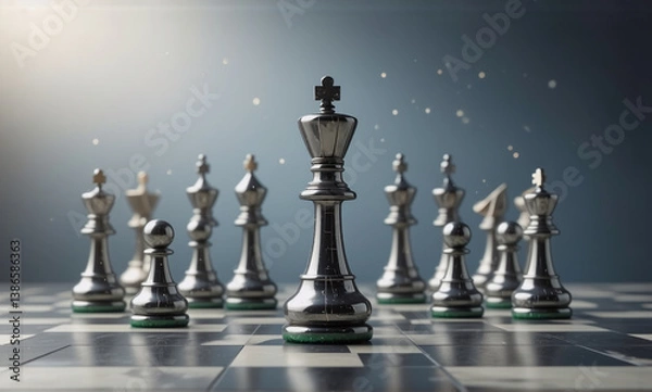 Fototapeta A silver king chess piece stands prominently on a chessboard, surrounded by its metallic team.  A representation of strategy and leadership within a classic game.