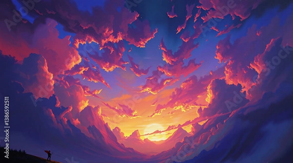 Fototapeta A vibrant sky at dusk is filled with dramatic, colorful clouds in shades of orange, pink, and blue. A silhouette of a person stands at the edge, gazing at the breathtaking scenery.