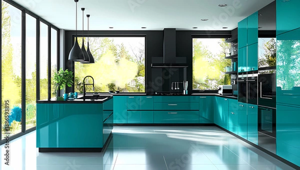 Fototapeta Modern Kitchen Design: The stylish teal-colored kitchen with sleek cabinets and modern appliances. natural light floods into the space through large windows, creating a bright and inviting atmosphere.