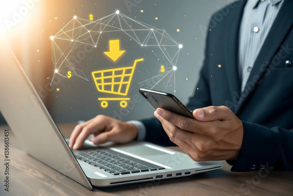 Fototapeta Businessman hold smartphone with online shopping concept, marketplace website with virtual interface of online Shopping cart part of the network, Online shopping business with selecting shopping cart.