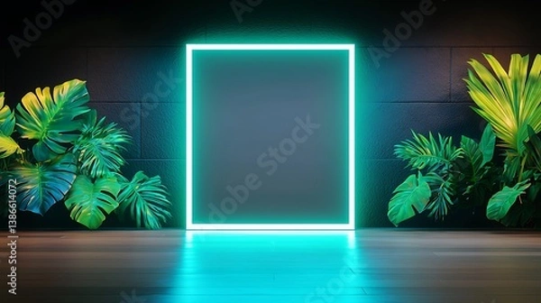 Obraz Glowing square outline, surrounded by vivid green plants, against a dark wall, on wooden floor