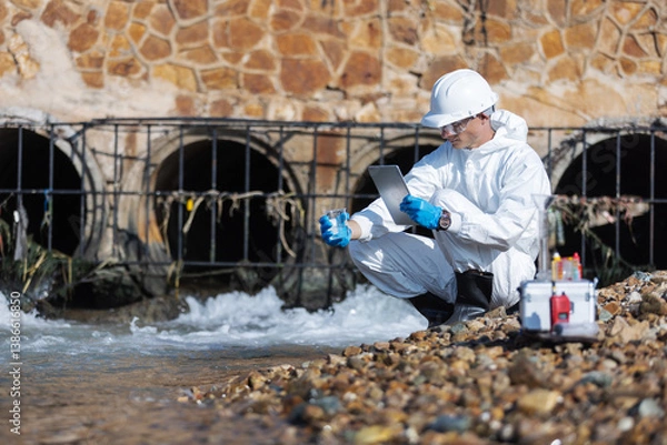 Fototapeta A researcher in a white protective suit and helmet uses a tablet while holding a water sample near industrial drainage pipes, analyzing water quality and recording data in the field.